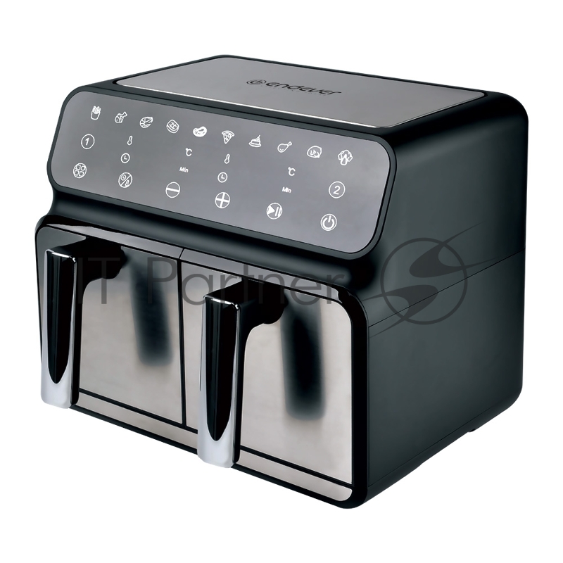 Аэрогриль Endever Skyline AF-128 с двумя чашами, черный/стальной, мощность 2850 Вт, объем по 4 л, 10 авторежимов, температура 60-200 С, 1 шт/уп.