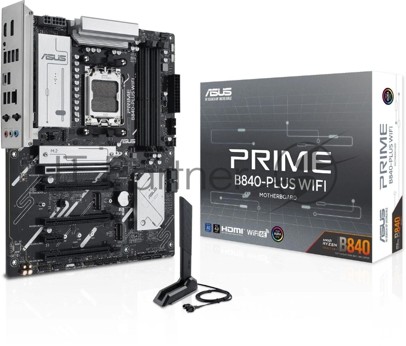 Материнская плата ASUS PRIME B840-PLUS WIFI, AM5, AMD B840, 4xDDR5, 4xSATA, 3xM.2, 1xPCIe 4.0 x16, 1xPCIe 3.0 x16, 2xPCIe 3.0 x16, 1xPCIe 3.0 x1, 1xDP, 1xHDMI, 1x 2.5Gb LAN, 8xUSB-A, 3x3.5 мм, 7.1, ATX