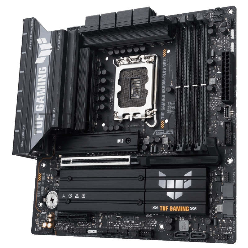 Материнская плата ASUS TUF GAMING B860M-PLUS WIFI, LGA 1851, Intel B860, 4xDDR5, 4xSATA, 3xM.2, 1xPCIe 5.0 x16, 1xPCIe x4, 1xUSB-C, 4xUSB-A 3.2 Gen 1, 2xUSB-A 3.2 Gen 2, 1xHDMI, 1xDP, 1x2.5Gb LAN, 7.1, mATX