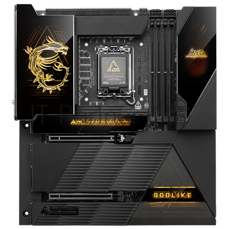 Материнская плата MSI MEG Z890 GODLIKE Z890, LGA1851, 4*DDR5, 2*PCIEx16, 1*PCIEx4, 8*M.2, 7*TypeC, 8*USB3.2Gen2, 4*USB3.2Gen1, 4*USB2.0, 4*SATA3.0, 10G, 5G, 2xType-C(DP), E-ATX, RTL