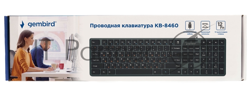 Проводная клавиатура Gembird KB-8460, полноразмерная, 103кл+5 доп, 12Fn, ножничная, тихая, 1.5м, черная