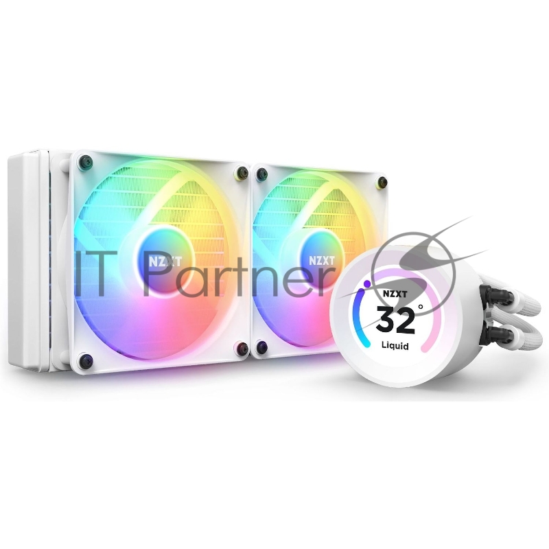 Система жидкостного охлаждения NZXT Kraken Elite 240 RGB (250W, 240mm, LED temp., White, RGB/ Fans: 1xF240 RGB Core Fan, 75.12CFM, 30dBA, 2400RPM/ Pump height 65mm, 2800RPM, Rad thickness 27mm/ S: 1851, 1700, 1200, 115X, AM5, AM4)
