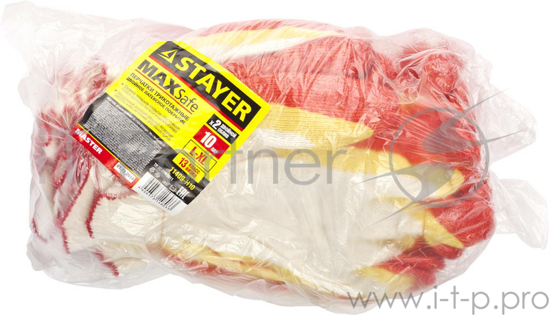 Перчатки Перчатки STAYER MASTER MaxSafe 10 пар, трикотажные, двойная обливная ладонь из латекса, х/б, 13 класс, L-XL 11409-H10