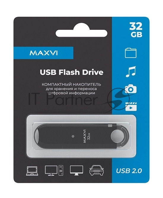 Флеш диск Maxvi P2 32GB USB 2.0 black, монолит с колпачком, ABS пластик