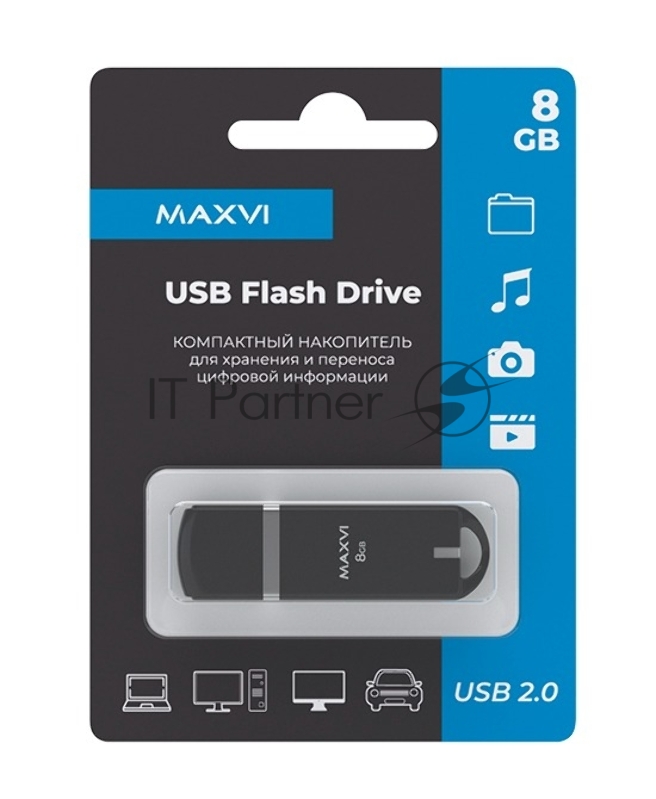 Флеш диск Maxvi P3 8GB USB 2.0 black, монолит с колпачком, ABS пластик