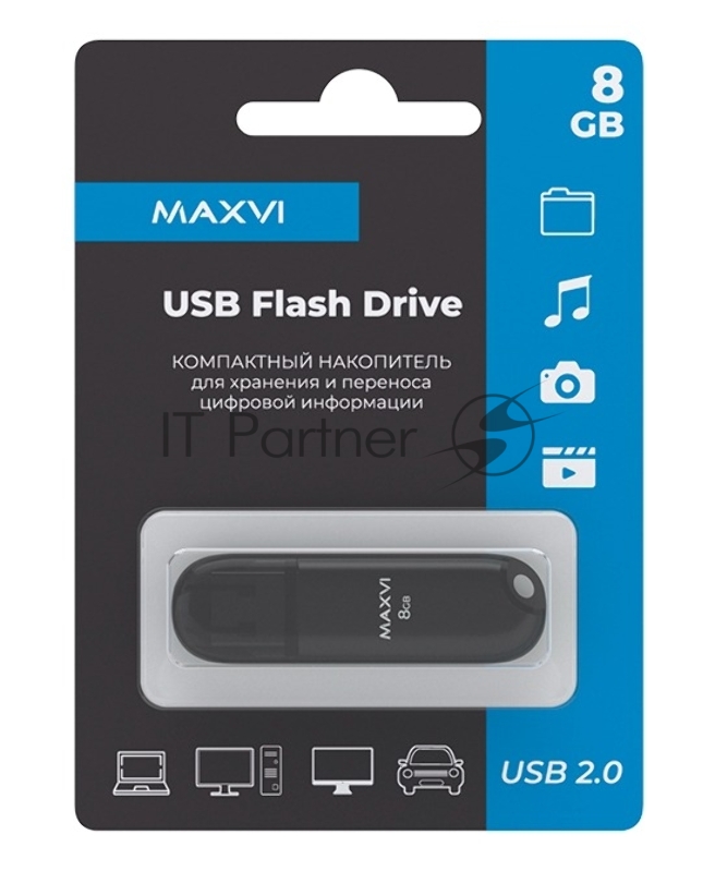 Флеш диск Maxvi P1 8GB USB 2.0 black, монолит с колпачком, ABS пластик