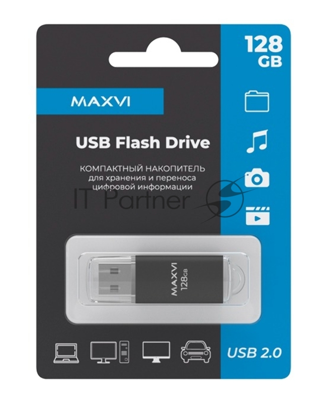 Флеш диск Maxvi MP 128GB USB 2.0 black, монолит с колпачком, металл + ABS пластик