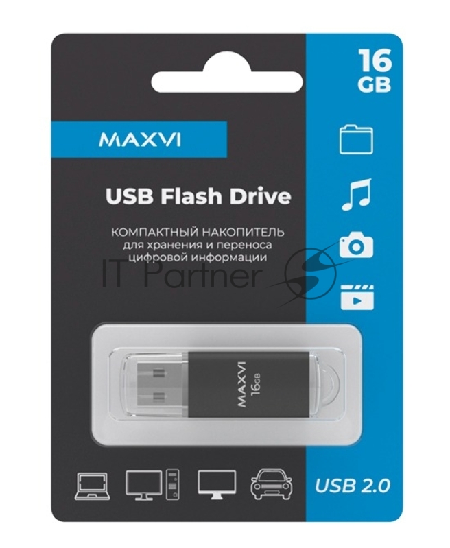 Флеш диск Maxvi MP 16GB USB 2.0 black, монолит с колпачком, металл + ABS пластик