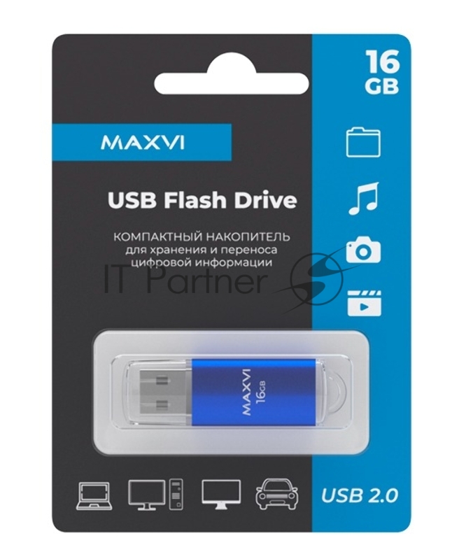Флеш диск Maxvi MP 16GB MP blue, монолит с колпачком, металл + ABS пластик