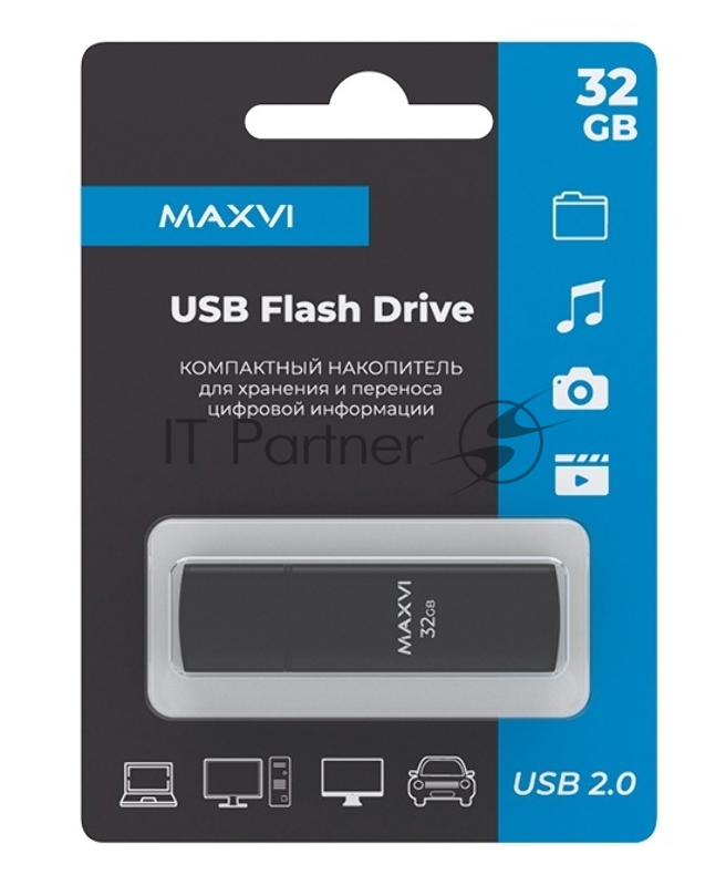 Флеш диск Maxvi MP2 32GB USB 2.0 black, монолит с колпачком, ABS пластик + металл