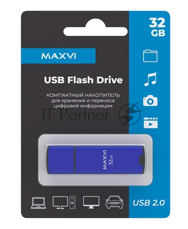 Флеш диск Maxvi MP2 32GB USB 2.0 blue, монолит с колпачком, ABS пластик + металл