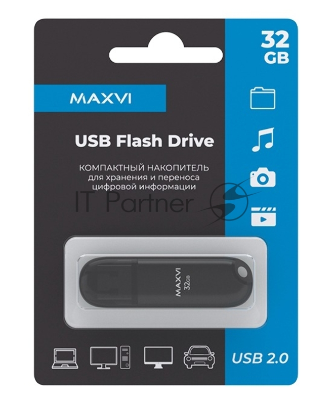 Флеш диск Maxvi P1 32GB USB 2.0 black, монолит с колпачком, ABS пластик