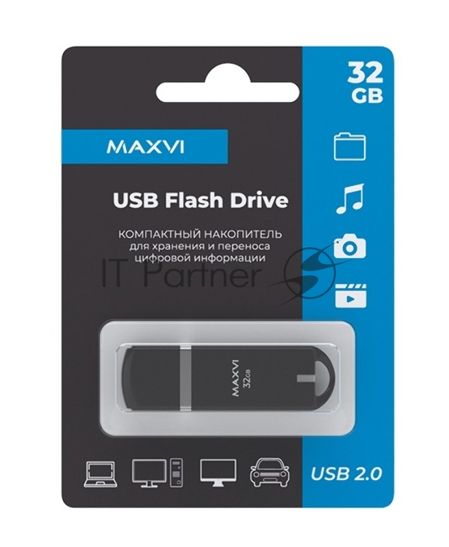 Флеш диск Maxvi P3 32GB USB 2.0 black, монолит с колпачком, ABS пластик