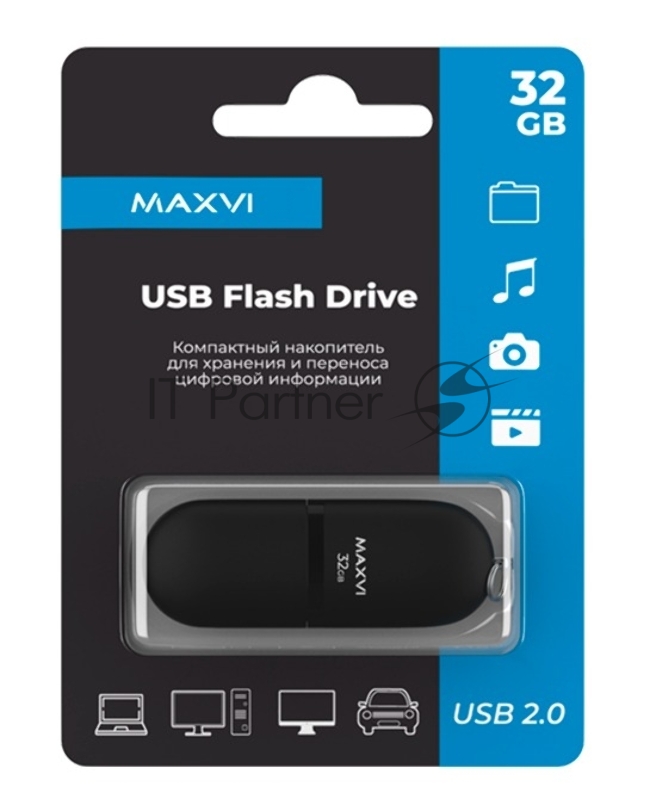 Флеш диск Maxvi SF 32GB USB 2.0 black, монолит с колпачком, soft touch