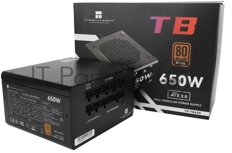 Блок питания Thermalright, 650W 80+ Bronze (ATX, 3.0, Full modular, 1x24(20+4)pin, 2xCPU 8(4+4)pin, 4xPCIe*2 8(6+2)pin, 3xSATA3, 3xMOLEX4pin, Active, 120x120mm, 150x140x86mm, APFC, black)