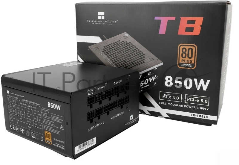 Блок питания Thermalright, 850W 80+ Bronze (ATX, 3.0, PCIe 5.0, Full modular, 1x24(20+4)pin, 2xCPU 8(4+4)pin, 4xPCIe*2 8(6+2)pin, 3xSATA3, 1x12+4pin (12VHPWR PCIe 5.0 12+4pin 600mm), 3xMOLEX4pin, Active, 120x120mm, 150x140x86mm, APFC, black)
