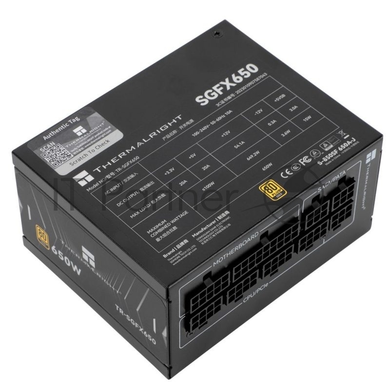 Блок питания Thermalright, 650W 80+ Gold (SFX, 3.1, Full modular, 1x24(20+4)pin, 1xCPU 8(4+4)pin, 2xPCIe*2 8(6+2)pin, 3xSATA3, 3xMOLEX4pin, Active, 92x92mm, 100x125x64mm, APFC, OPP, OVP, OTP, OCP, SCP, UVP, black)