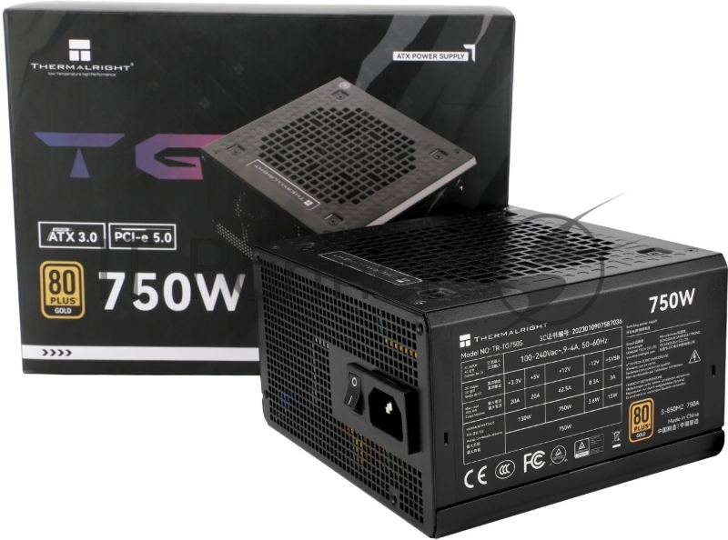 Блок питания Thermalright, 750W 80+ Gold (ATX, 3.0, PCIe 5.0, Non-modular, 1x24(20+4)pin, 1xCPU 8(4+4)pin, 2xPCIe*2 8(6+2)pin, 5xSATA3, 1x12+4pin (12VHPWR PCIe 5.0 12+4pin 600mm), 3xMOLEX4pin, Active, 120x120mm, 150x140x86mm, APFC, black)