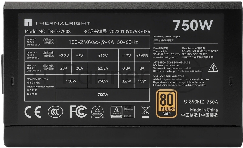 Блок питания Thermalright, 750W 80+ Gold (ATX, 3.0, PCIe 5.0, Non-modular, 1x24(20+4)pin, 1xCPU 8(4+4)pin, 2xPCIe*2 8(6+2)pin, 5xSATA3, 1x12+4pin (12VHPWR PCIe 5.0 12+4pin 600mm), 3xMOLEX4pin, Active, 120x120mm, 150x140x86mm, APFC, black)