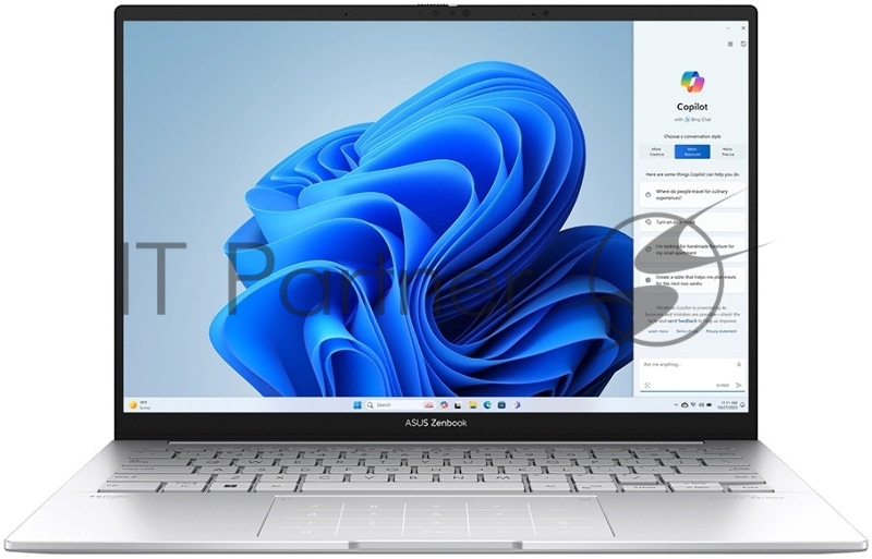 Ноутбук Asus Zenbook 14 UX3405CA-PP477 Core Ultra 9 285H 32Gb SSD512Gb Intel Arc 14 OLED FHD+ (1920x1200) без ОС silver WiFi BT Cam Bag (90NB14W2-M00N00)