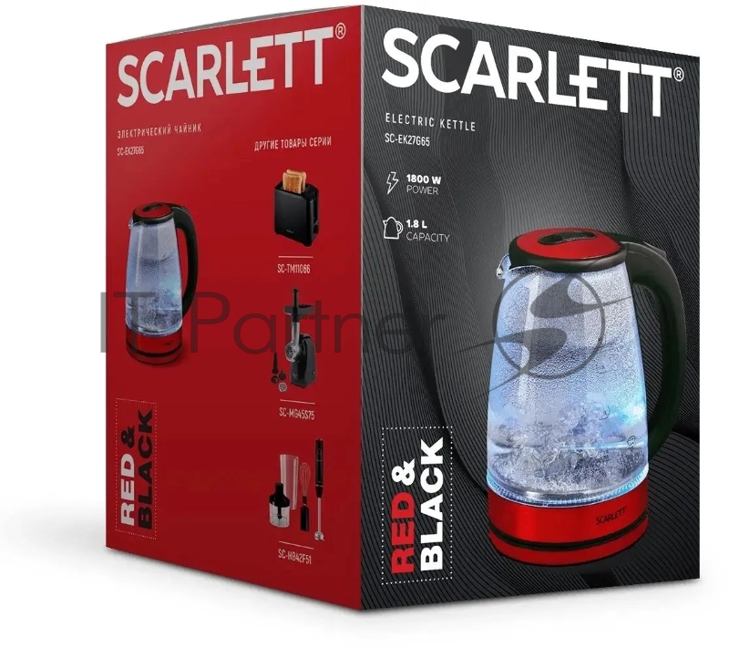 Чайник электрический Scarlett SC-EK27G65 красный/черный, 1800 Вт, 1.8 л
