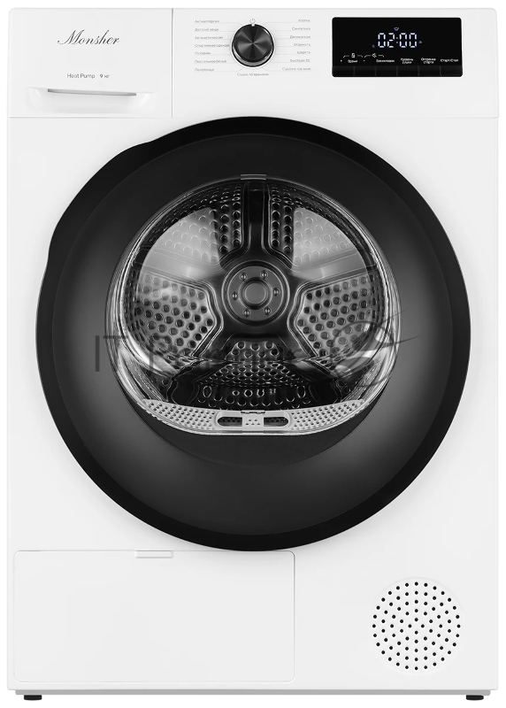Сушильная машина MONSHER MDM 660 Blanc, High-Tech, загрузка 9 кг, 15 программ, тепловой насос, подсветка барабана, отсрочка старта, электронное управление, блокировка от детей, энергоэффективность А++, цвет белый