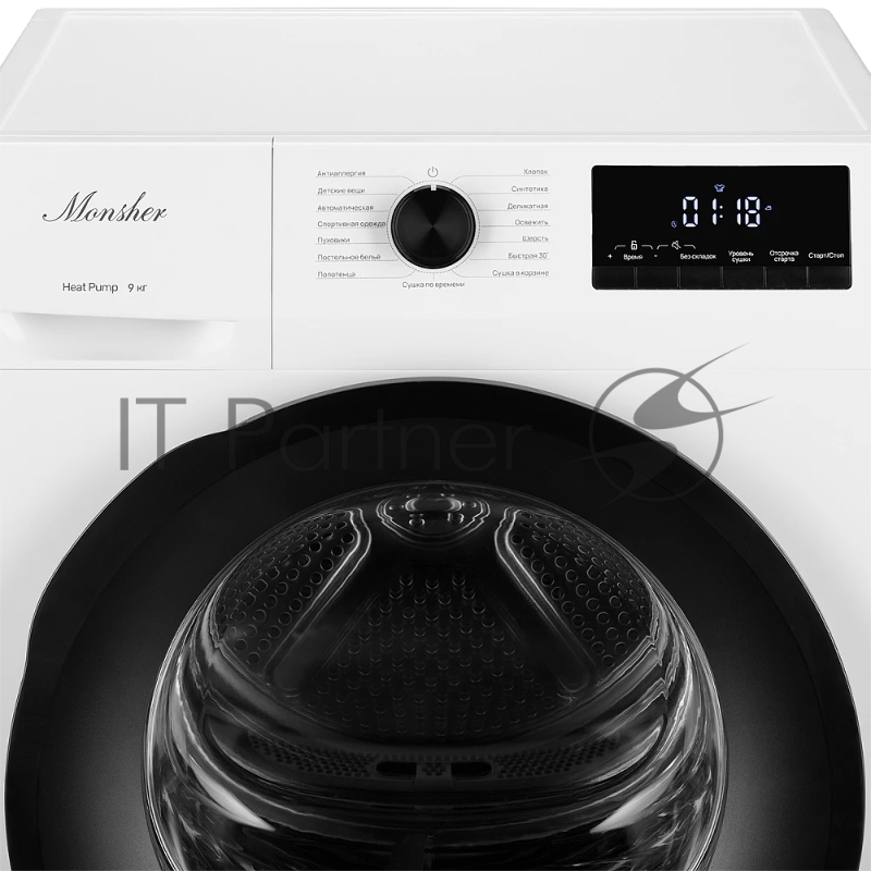 Сушильная машина MONSHER MDM 660 Blanc, High-Tech, загрузка 9 кг, 15 программ, тепловой насос, подсветка барабана, отсрочка старта, электронное управление, блокировка от детей, энергоэффективность А++, цвет белый