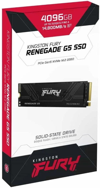 Твердотельный накопитель Kingston SSD Fury Renegade, 4096GB, M.2(22x80mm), NVMe, PCIe 5.0 x4, 3D TLC, R/W 14800/14000MB/s, IOPs 2 200 000/2 200 000, TBW 4000, DWPD 0.5 (12 мес)
