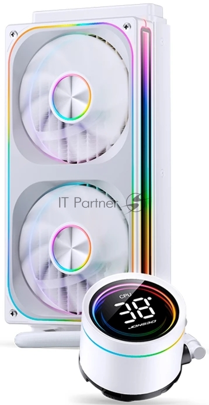 Система жидкостного охлаждения/ Water Cooling System JONSBO TH-240 White (260W, 240mm, LED temp., White, ARGB/ Fans: 2x120mm, 62.4CFM, 37.3dBA, 2400RPM/ Pump height 72mm, 30dBA, 2400RPM, Rad thickness 27mm/ S: 1851, 1700, 1200, 115X, AM5, AM4)