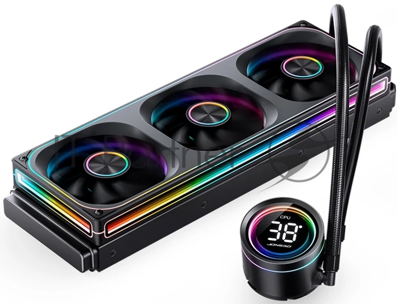Система жидкостного охлаждения/ Water Cooling System JONSBO TH-360 Black (300W, 360mm, LED temp., Black, ARGB/ Fans: 3x120mm, 62.4CFM, 37.3dBA, 2400RPM/ Pump height 72mm, 30dBA, 2400RPM, Rad thickness 27mm/ S: 1851, 1700, 1200, 115X, AM5, AM4)