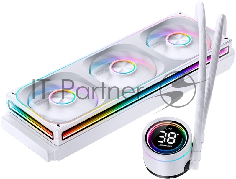 Система жидкостного охлаждения/ Water Cooling System JONSBO TH-360 White (300W, 360mm, LED temp., White, ARGB/ Fans: 3x120mm, 62.4CFM, 37.3dBA, 2400RPM/ Pump height 72mm, 30dBA, 2400RPM, Rad thickness 27mm/ S: 1851, 1700, 1200, 115X, AM5, AM4)