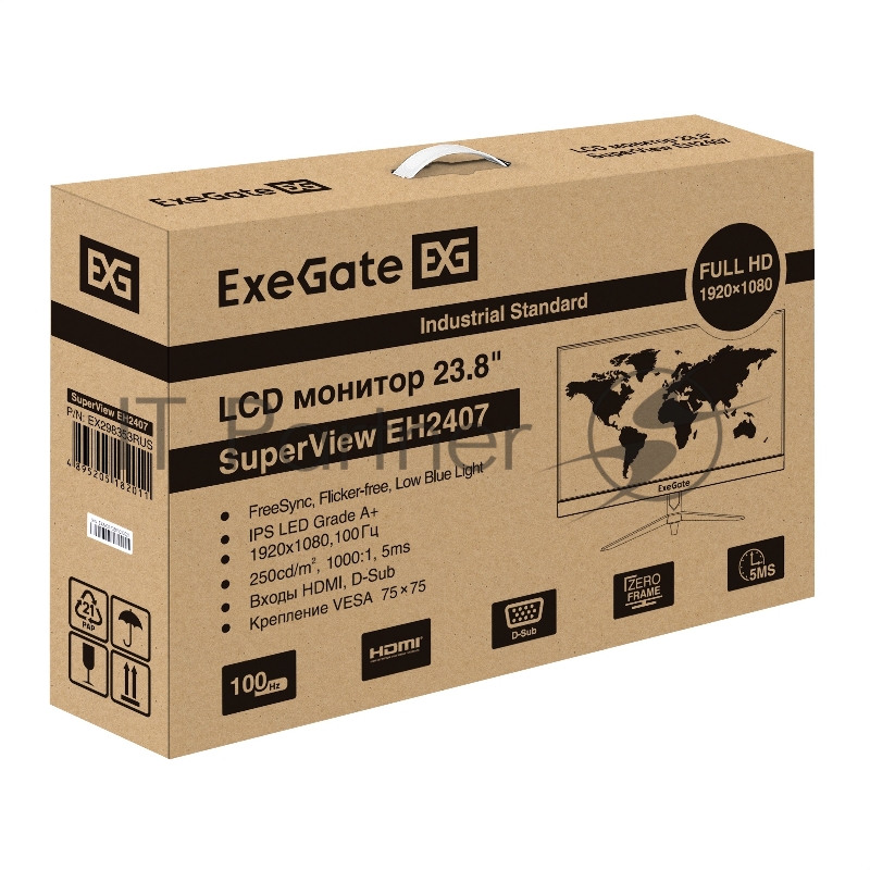 Монитор 23.8 ExeGate SuperView EH2407 черный 100 Гц (IPS LED Grade A+, FHD, 1920x1080@100Гц, 16:9, 250cd/m2, 1000:1, 178°/178°, 5ms, D-Sub, HDMI, FreeSync, Flicker-free, Low Blue Light, кабель HDMI 1.5м, VESA 75x75, регулировка наклона )