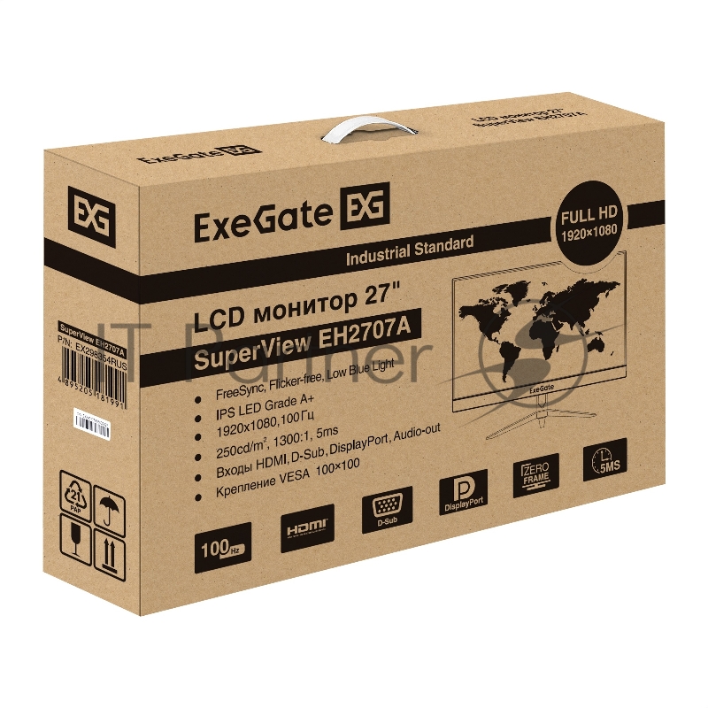 Монитор с аудио выходом 27 100 Гц ExeGate SuperView EH2707A (IPS LED Grade A+, FHD, 1920x1080@100Гц, 16:9, 250cd/m2, 1300:1, 178°/178°, 5ms, D-Sub, HDMI, DisplayPort, audio-out, FreeSync, Flicker-free, Low Blue Light, кабель HDMI 1.5м, VESA 75x75, ре