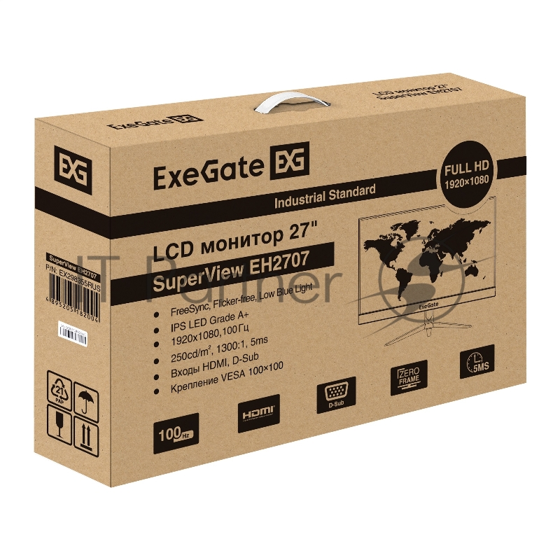Монитор 27 100 Гц ExeGate SuperView EH2707 (IPS LED Grade A+, FHD, 1920x1080@100Гц, 16:9, 250cd/m2, 1300:1, 178°/178°, 5ms, D-Sub, HDMI, FreeSync, Flicker-free, Low Blue Light, кабель HDMI 1.5м, VESA 75x75, регулировка наклона (tilt), черный)