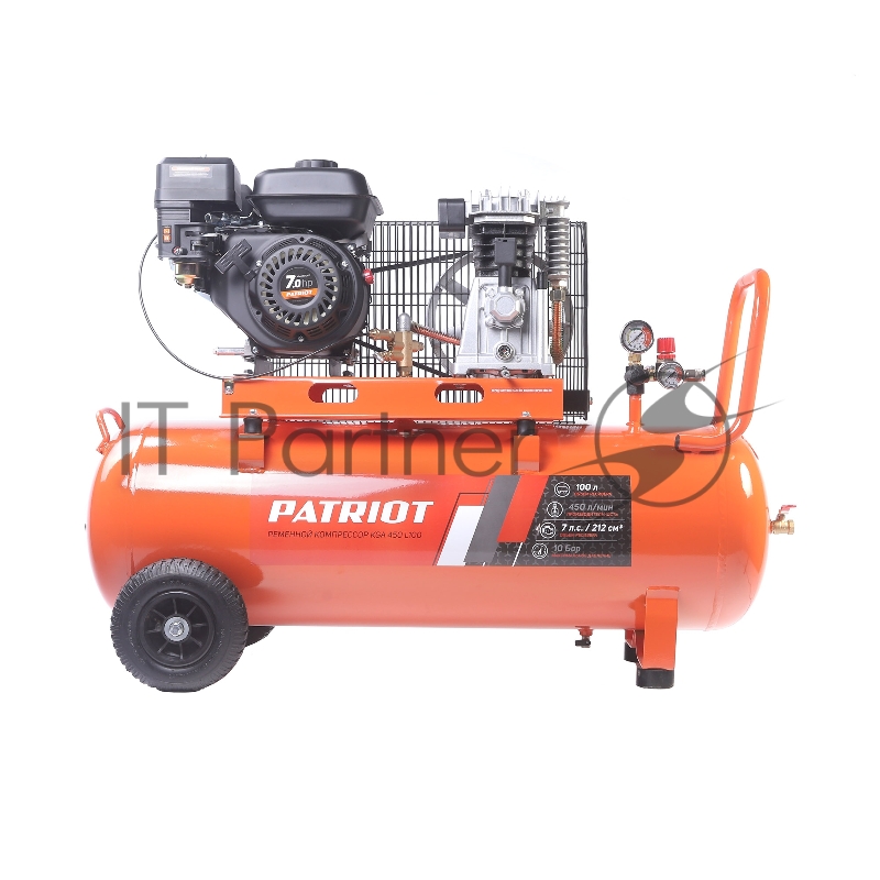 Компрессор Patriot бензиновый KGA 450 L100 - 450 л/мин, 10 бар, 100 л, 7 лс, быстросъем и «елочка» с вентилем