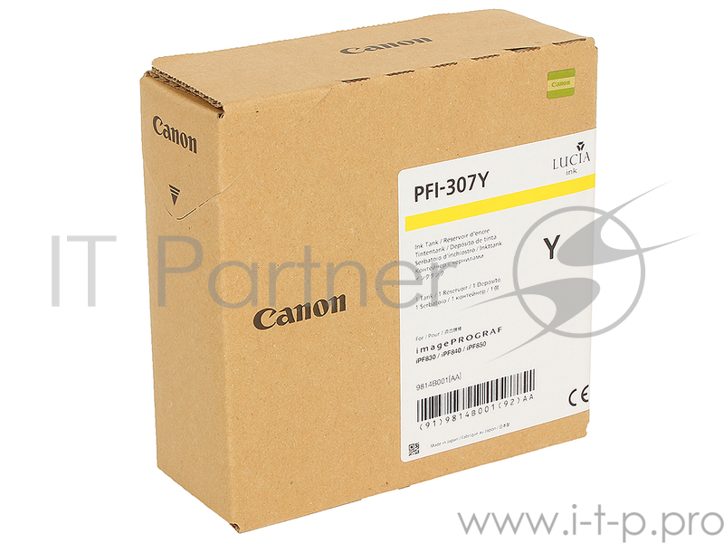 Картридж Canon PFI-307 Y для плоттера iPF830/840/850. Жёлтый. 330 мл.