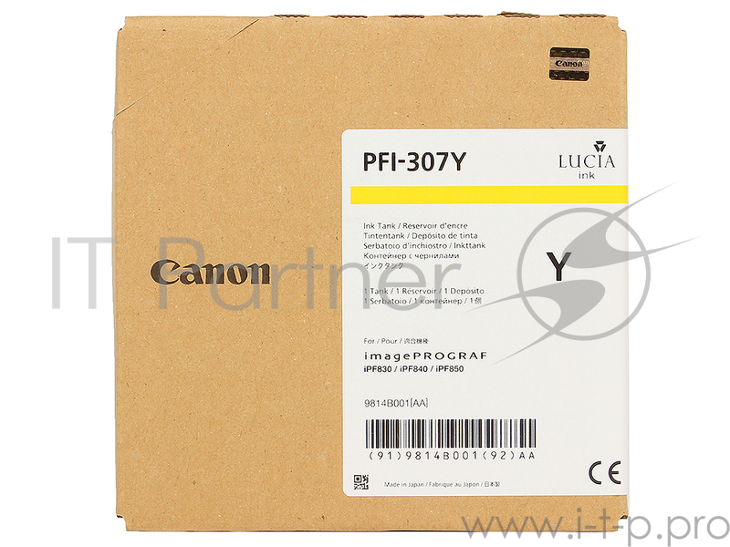 Картридж Canon PFI-307 Y для плоттера iPF830/840/850. Жёлтый. 330 мл.
