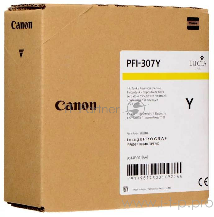 Картридж Canon PFI-307 Y для плоттера iPF830/840/850. Жёлтый. 330 мл.