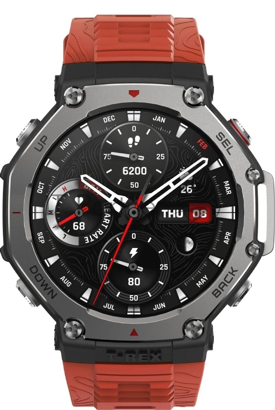 Смарт-часы Amazfit T-Rex 3 A2323 48.5мм 1.5 AMOLED корп.темно-серый рем.красный разм.брасл.:145-210мм (1746757)