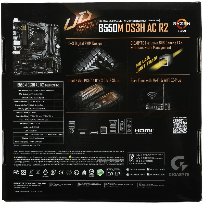 Материнская плата Gigabyte B550M DS3H AC R2 Soc-AM4 AMD B550 4xDDR4 mATX AC`97 8ch(7.1) GbLAN RAID+HDMI+DP