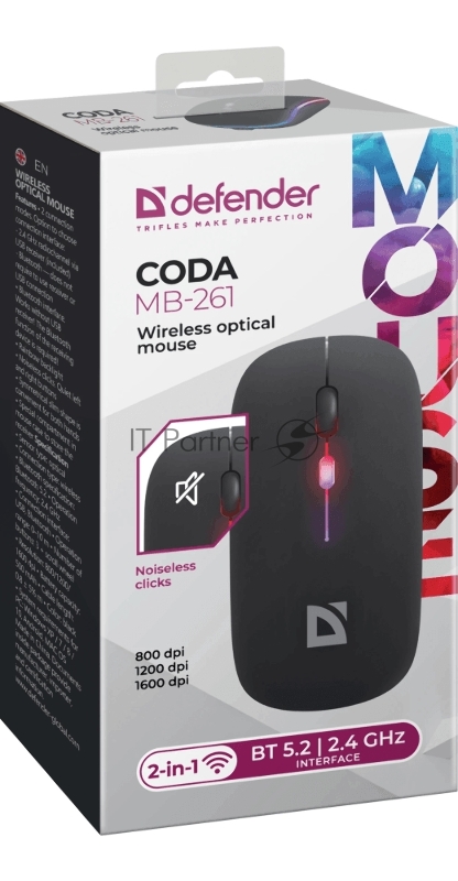Беспроводная оптическая мышь Defender 52261 Coda MB-261 черн,2.4ГГц+BT,радужн,300мАч
