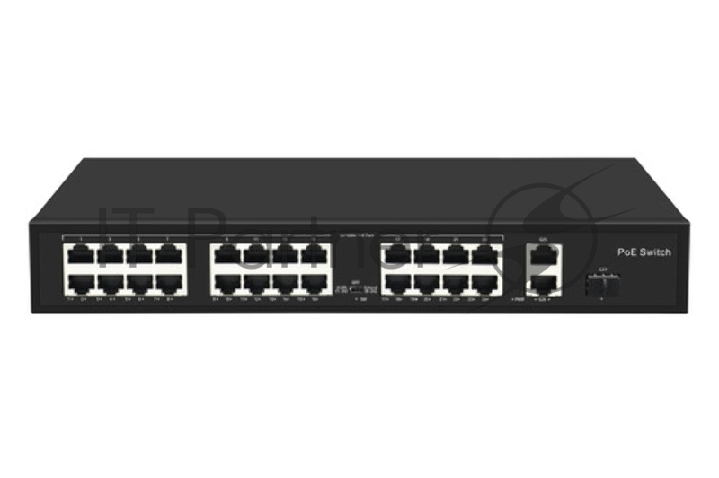 Коммутатор GIGALINK GL-SW-F005-24P - неуправляемый, 24 PoE (802.3af/at) порта 10/100Мбит/с 1-8 порт до 250 метров cat.6, 2 * COMBOSFP 1000Мбит/с, 300Вт