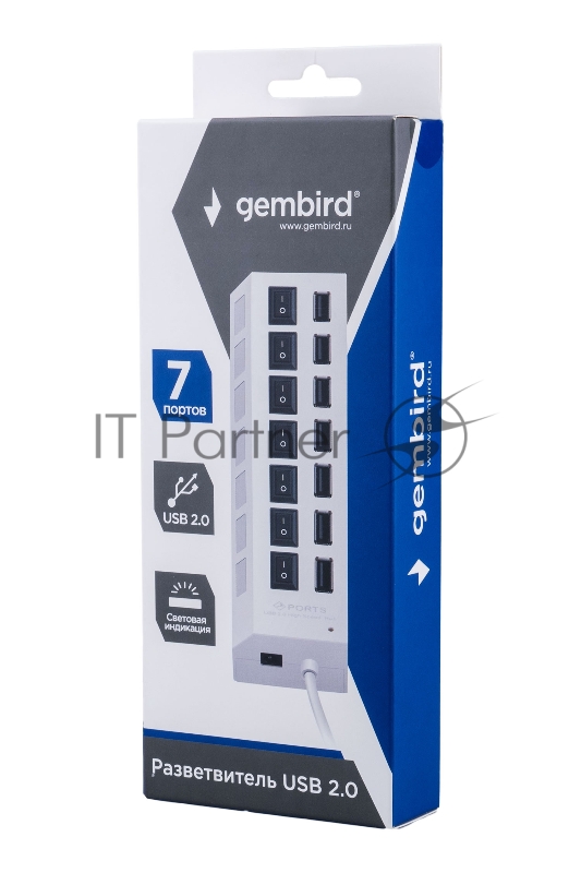 Разветвитель USB2.0 Gembird UHB-U2P7-01W, 7хUSB, с доп. питанием, подсветка и выключатели, кабель USB 55см, белый, коробка