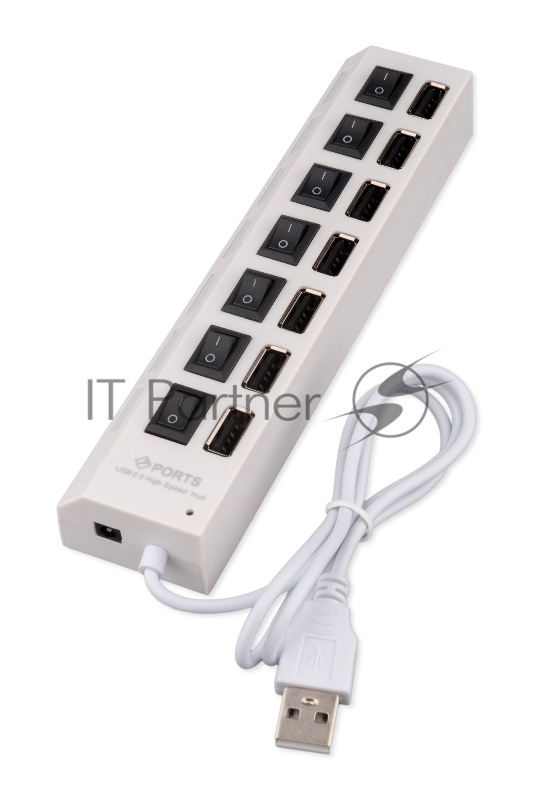 Разветвитель USB2.0 Gembird UHB-U2P7-01W, 7хUSB, с доп. питанием, подсветка и выключатели, кабель USB 55см, белый, коробка