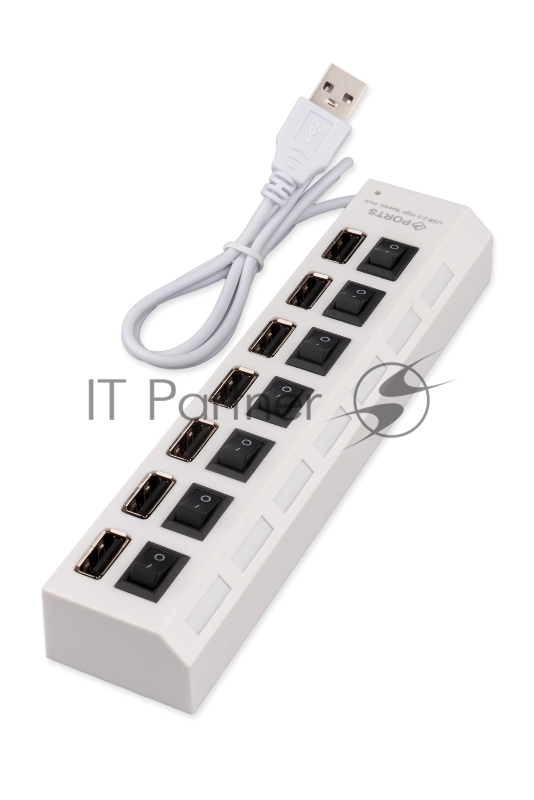 Разветвитель USB2.0 Gembird UHB-U2P7-01W, 7хUSB, с доп. питанием, подсветка и выключатели, кабель USB 55см, белый, коробка