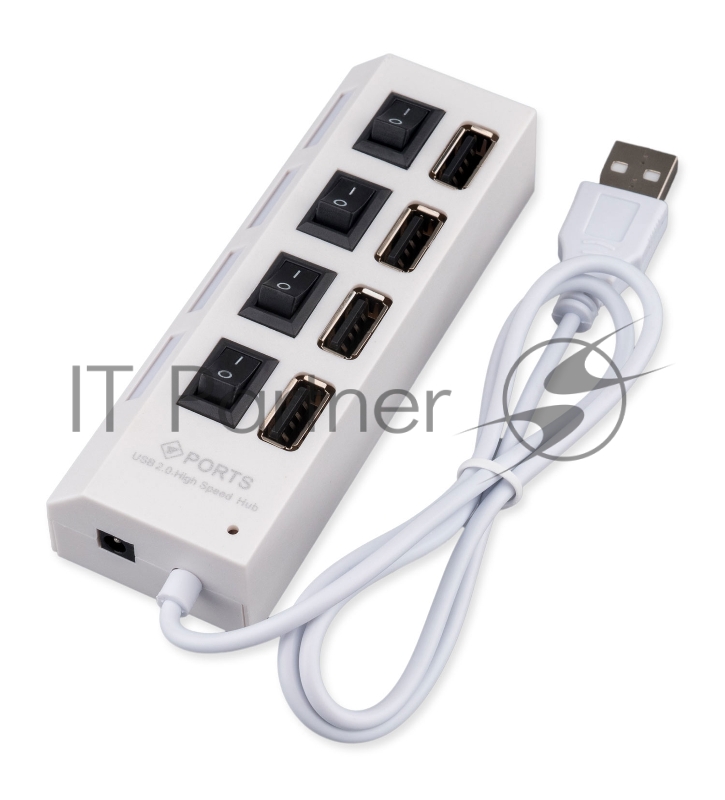 Разветвитель USB2.0 Gembird UHB-243-ADW, 4хUSB, с доп. питанием, подсветка и выключатели, кабель USB 55см, белый, коробка