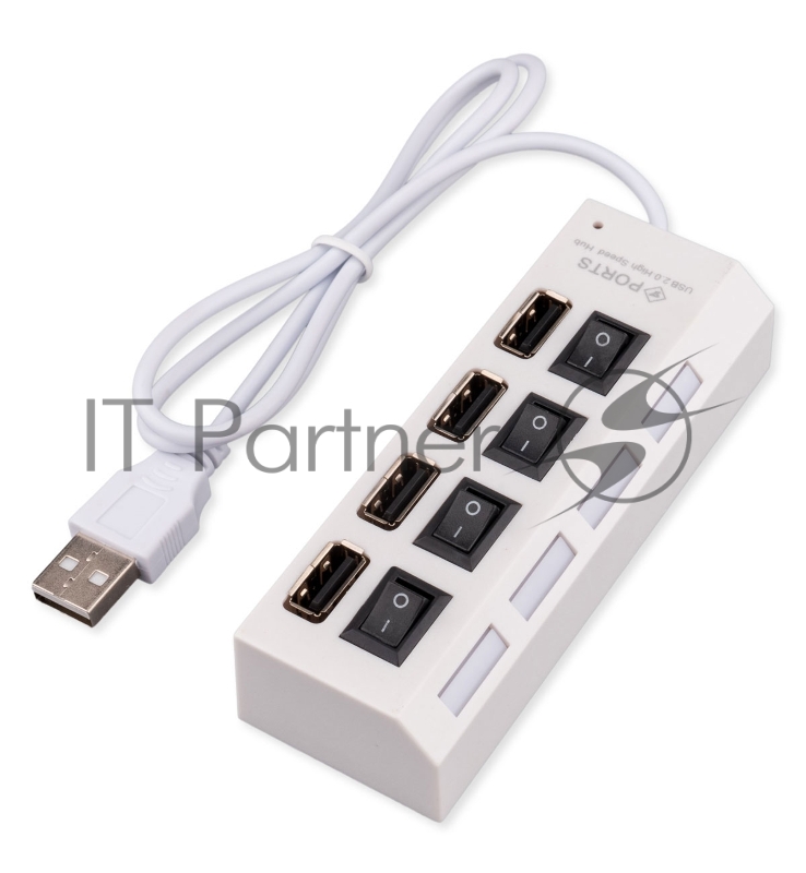 Разветвитель USB2.0 Gembird UHB-243-ADW, 4хUSB, с доп. питанием, подсветка и выключатели, кабель USB 55см, белый, коробка