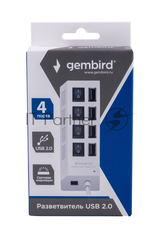 Разветвитель USB2.0 Gembird UHB-243-ADW, 4хUSB, с доп. питанием, подсветка и выключатели, кабель USB 55см, белый, коробка