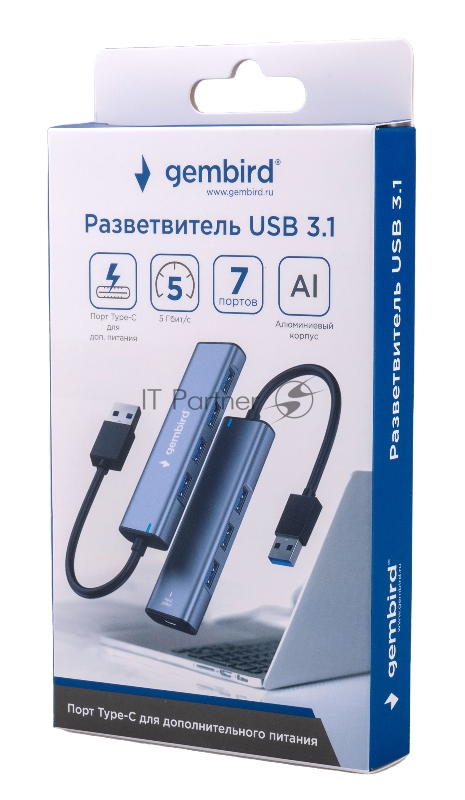 Разветвитель USB3.1 Gembird UHB-U3P7-01, 7хUSB, с доп.питанием (порт Type-C), кабель USB 19см, алюминий, коробка