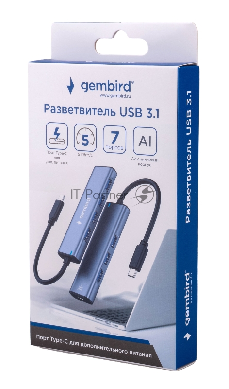 Разветвитель USB3.1 Gembird UHB-U3P7-02, 7хUSB, с доп.питанием (порт Type-C), OTG, кабель Type-C 19см, алюминий, коробка